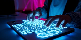 Handen die typen op een gloeiend blauw toetsenbord met levendige roze en blauwe sfeerverlichting, wat een futuristische en technologisch onderlegde sfeer uitstraalt.