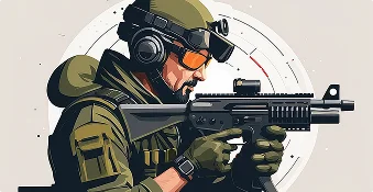Illustratie van een geconcentreerde soldaat in tactische uitrusting die een geweer richt. Hij draagt een helm, een veiligheidsbril en een koptelefoon, wat zijn paraatheid en precisie uitstraalt.
