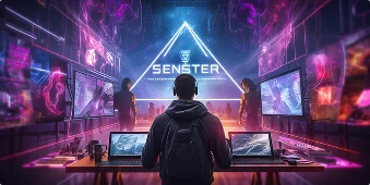 Een laptopscherm toont het woord “Prize” tussen kleurrijke tokens en munten. Gloeiende dobbelstenen liggen op het toetsenbord, met feestelijke lichtjes op de achtergrond.