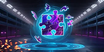 Futuristisch, met neon verlicht magazijn met een gloeiend puzzelstuk in het midden, omringd door zwevende stukken. Vonken en blauwe cirkels voegen een dynamisch, sci-fi gevoel toe.