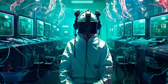 Een persoon in een wit pak zit in een donkere kamer met een VR-headset op. Ze worden omringd door gloeiende computerschermen en verwarde draden, wat een futuristische en meeslepende sfeer creëert.