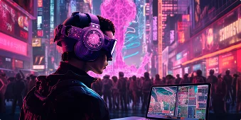 Een futuristisch stadslandschap bij nacht met levendige neonlichten. Een persoon met een hightech koptelefoon en bril gebruikt een laptop en kijkt naar een gloeiend roze hologram.