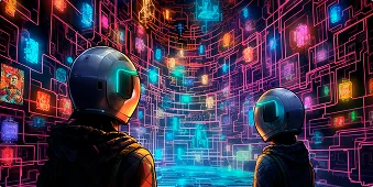 Twee figuren met futuristische helmen staan in een levendige, met neon verlichte digitale omgeving. Kleurrijke holografische schermen bedekken de muren en creëren een hightech sfeer.