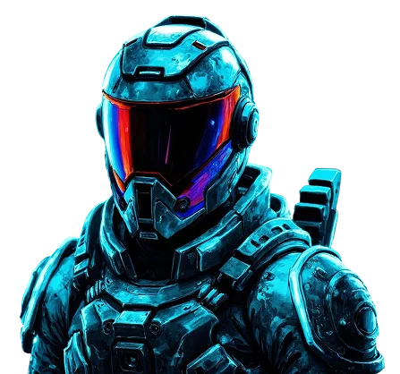 Een futuristische soldaat in blauw pantser met een reflecterend vizier staat tegen een zwarte achtergrond en straalt een gevoel van mysterie en kracht uit.