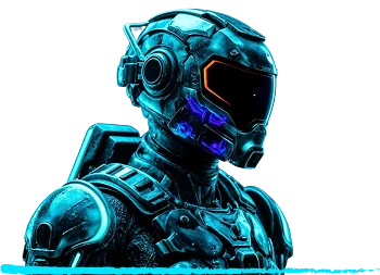 A futuristic robot with a sleek, armored design stands against a black background. Its helmet features an orange visor and glowing blue accents, conveying a sci-fi tone.
