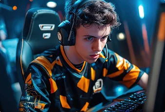 Geconcentreerde jonge gamer met een koptelefoon, intens spelend op een computer. De scène wordt verlicht met blauwe lampen, wat een competitieve, energieke sfeer creëert.