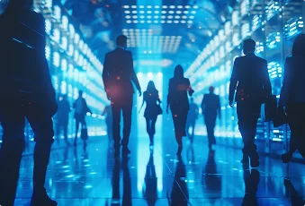 Silhouetted people walk through a futuristic hallway lined with glowing blue lights and server racks, conveying a tech-driven, modern ambiance.