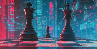 Een digitaal kunstwerk toont een futuristisch schaakbord met oversized koning- en pionstukken. Neonroze en blauwe stadslichten creëren een cyberpunk-sfeer.