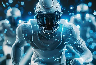 Futuristische voetballers in hightechuitrusting rennen vooruit, omringd door gloeiende, blauwe digitale deeltjes. De scène straalt intensiteit en innovatie uit.