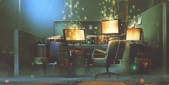 Een donker, futuristisch kantoor met gloeiende computerschermen die een gouden licht verspreiden. Papieren en rommel liggen verspreid rond een eenzame bureaustoel, wat een griezelige, hightech sfeer creëert.