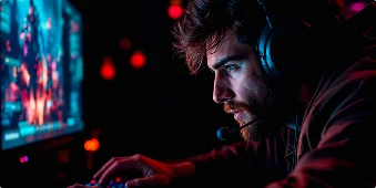 Een geconcentreerde gamer met een koptelefoon speelt intensief op een computer in een slecht verlichte kamer met een kleurrijk scherm en rode sfeerverlichting, wat concentratie oproept.