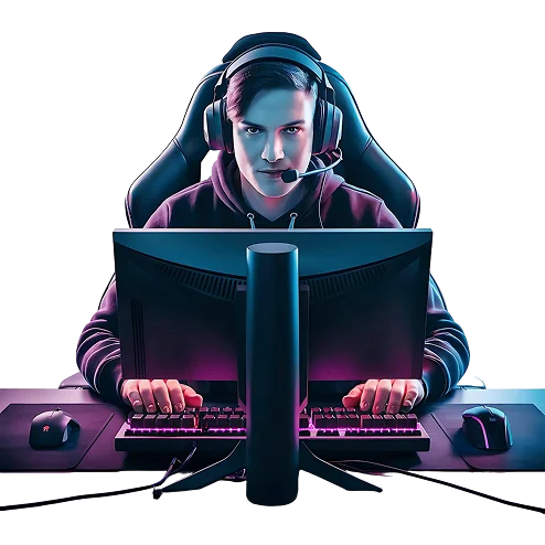 Een geconcentreerde gamer met een koptelefoon zit voor een gloeiende monitor, toetsenbord en muis en straalt intensiteit en concentratie uit in een donkere omgeving.