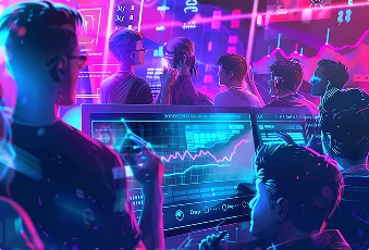 Een groep mensen in een neonverlichte kamer analyseert gegevens op schermen met kleurrijke grafieken en diagrammen. De sfeer is intens en futuristisch.