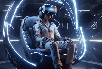 Een persoon met een VR-headset zit in een futuristische, gloeiende stoel omringd door neonlichten, wat een gevoel van een meeslepende virtual reality-ervaring geeft.