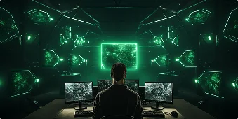 Een persoon zit aan een bureau met meerdere computerschermen waarop digitale kaarten worden weergegeven in een donkere kamer. De ruimte straalt met groen licht, wat een hightech, futuristische sfeer uitstraalt.