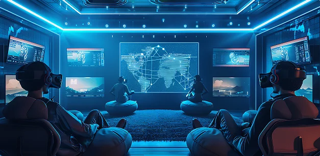 Vier mensen met VR-headsets zitten in een futuristische kamer met blauw oplichtende lampen. Ze kijken naar een grote digitale wereldkaart aan de muur, omringd door schermen.