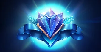 Een stralende, veelzijdige blauwe kristal schittert in het midden, omringd door een gloeiende halo. Daaronder voegt een vloeiend blauw lint elegantie en contrast toe.