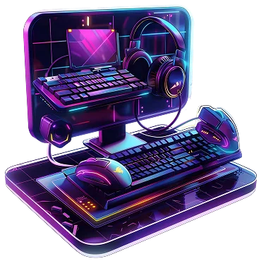 Futuristisch digitaal kunstwerk van een gloeiende gaming-opstelling met levendige neonkleuren. Bevat toetsenbord, muis, koptelefoon en een groot scherm.