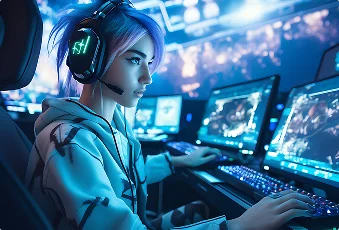 Een persoon met blauw haar en een headset speelt intensief een videogame op een slecht verlichte computeropstelling met meerdere monitoren en gloeiende neonlichten.
