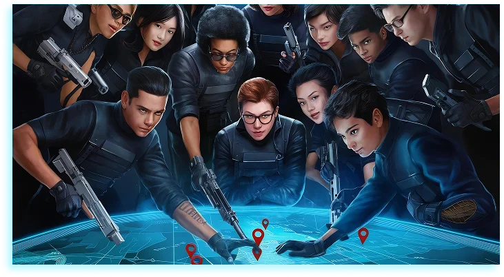 Een diverse groep serieuze agenten in tactische uitrusting bestudeert een digitale kaart met rode locatiemarkeringen. Ze zijn allemaal intens geconcentreerd, wat duidt op een strategische operatie.