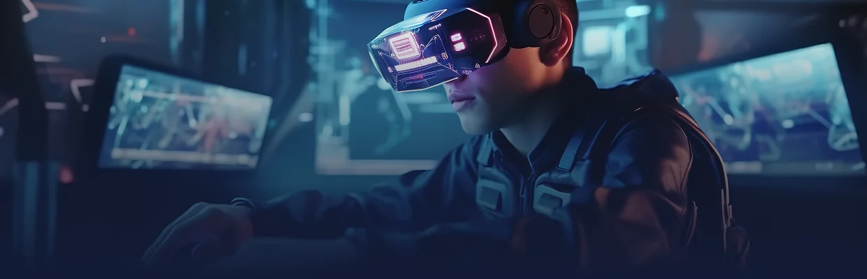 Een persoon met een futuristische VR-bril op interacteert met een gloeiend toetsenbord in een met neon verlichte kamer, wat een meeslepende, hightech game-sfeer oproept.